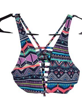 Geometric Swim Top Size Small Multi Color Crisscross Back High Neck Padded